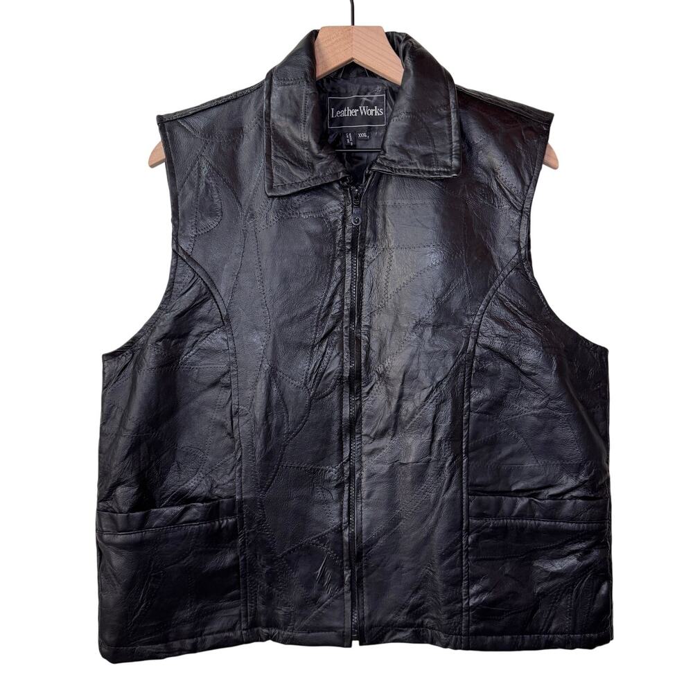 LEATHER WORKS Patchwork Vest Unisex XXXL Motorcycle Riding‎ Black Biker Moto Zip